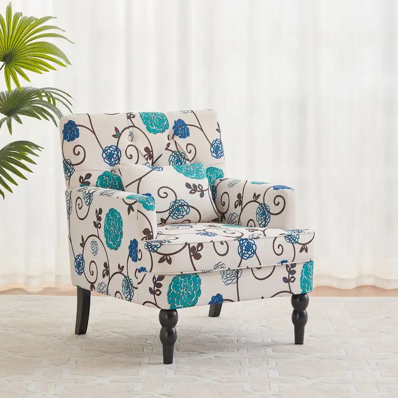 HUIMO Arm Chair Upholstered Button Tufted Accent Chair with Lumbar Pillow Beige/ Grey/ Light Blue/Brown