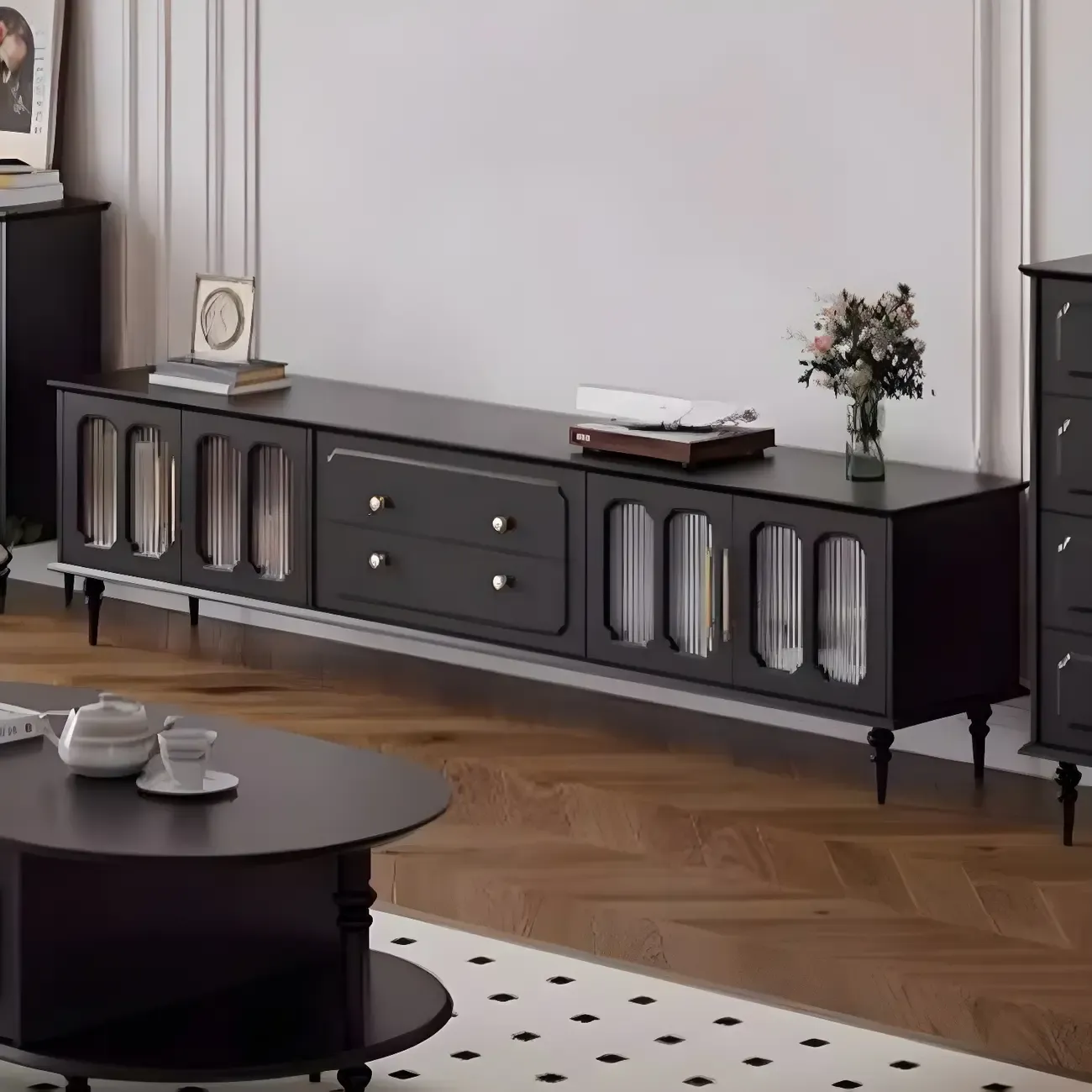 Elegant Black Wooden TV Stand with Drawers and Cabinets