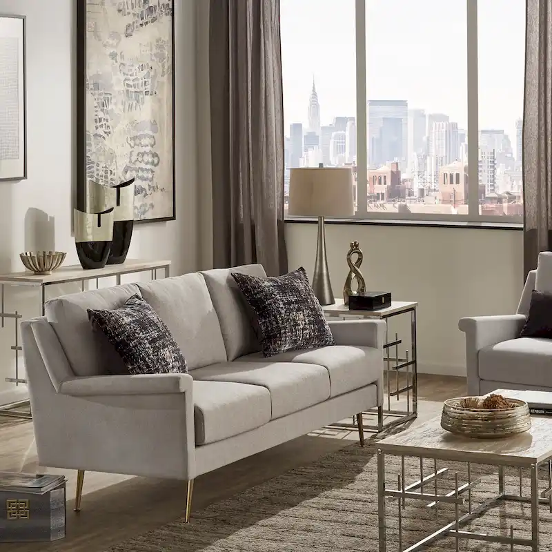 Mid-Century Modern Grey Fabric Sofa with Gold Metal Legs, 3-Seat Living Room Couch