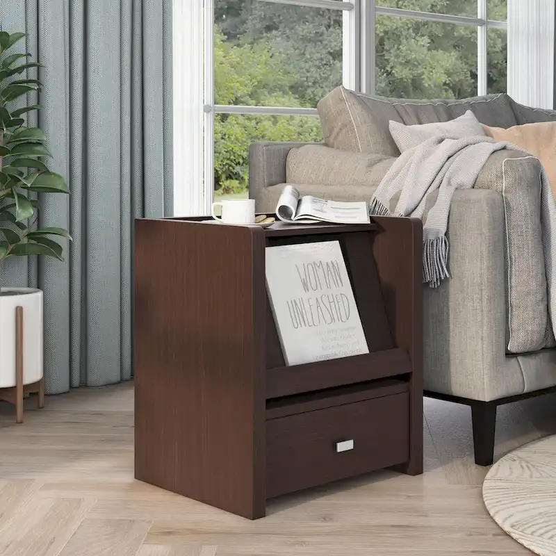 Modern Walnut 18-Inch Side Table with Pull-Out Magazine Stand and Drawer