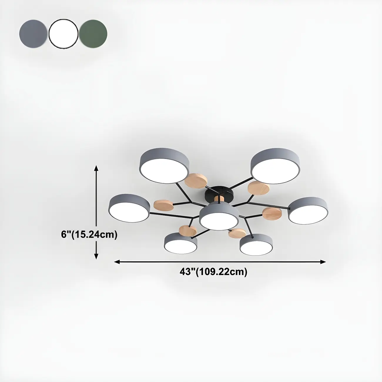 Large Gray Round Metal Semi-Flush Ceiling Light, 7-Light