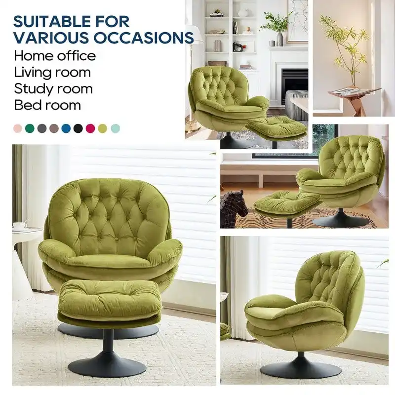 Velvet Swivel Accent Chair with Ottoman Round Reading Accent Chair Foot Stool Ottoman Set,360 Swivel,Metal Frame