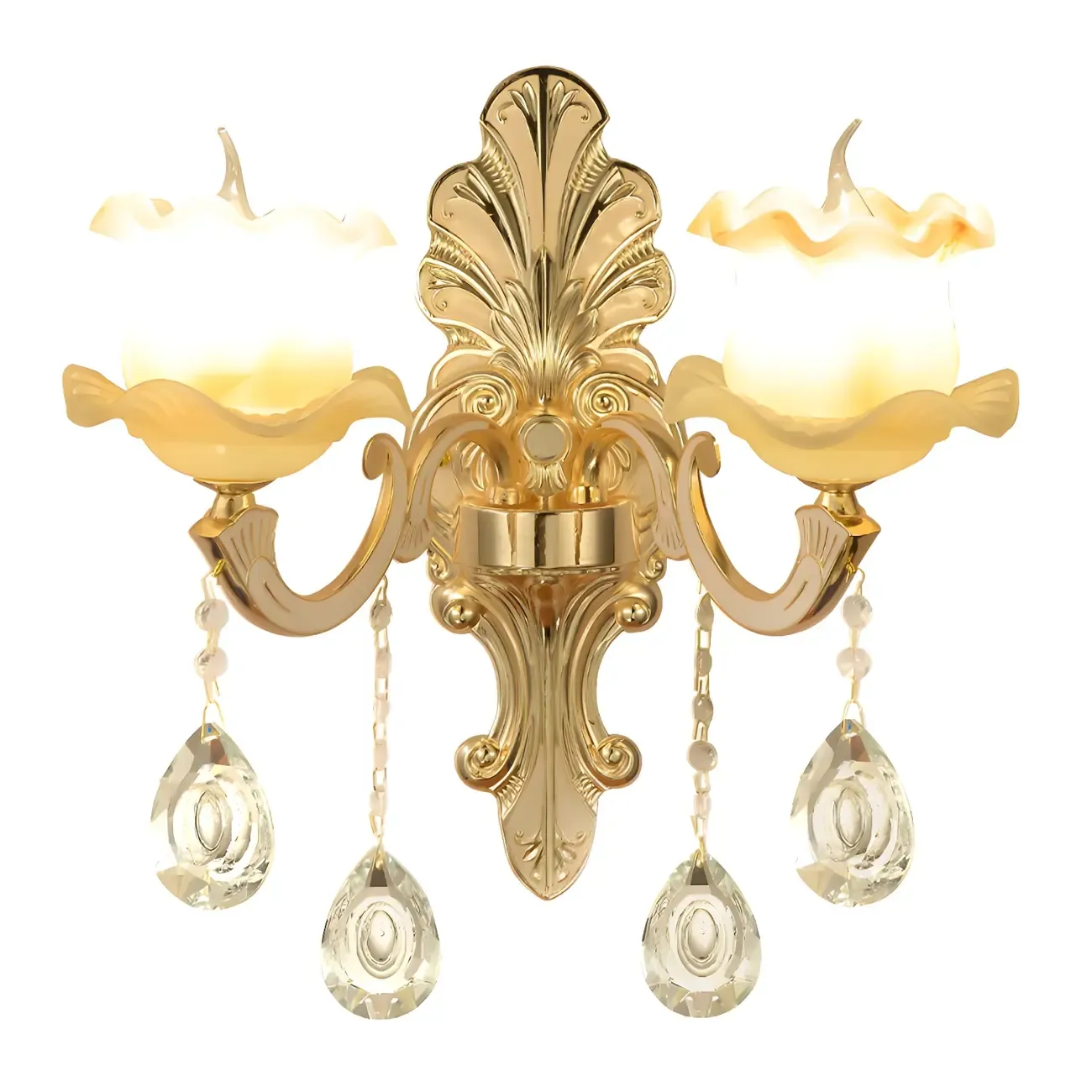 Mid-Century Gold Crystal Ruffled Candelabra Wall Sconce