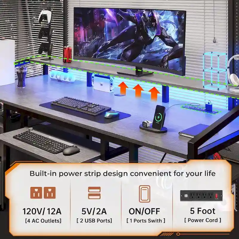 LED Computer Desk With Lock Drawers Keyboard Tray Power Outlet