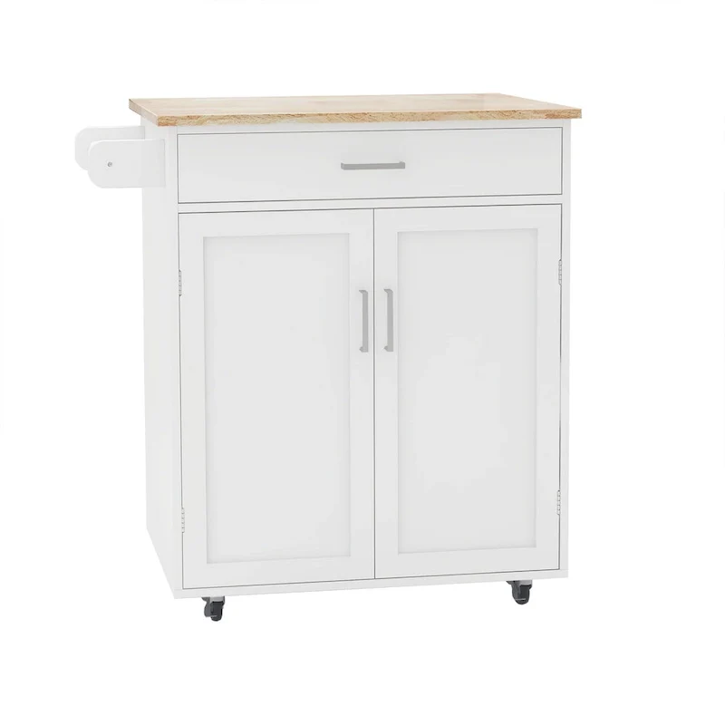 Rolling Kitchen Island Trolley Cart with Adjustable Shelves, Solid Wood Tabletop and Towel Rack