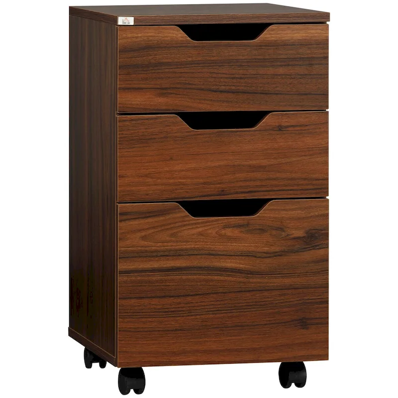 3 Drawer Office Storage Cabinet, Under Desk Cabinet with Wheels, Brown Wood Grain