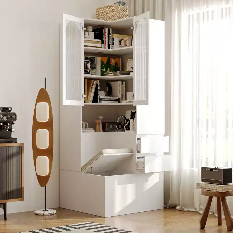 White Corner Storage Cabinet with Fluted Glass Doors, 2 Drawers & Lift-Top Bench – 1 Person
