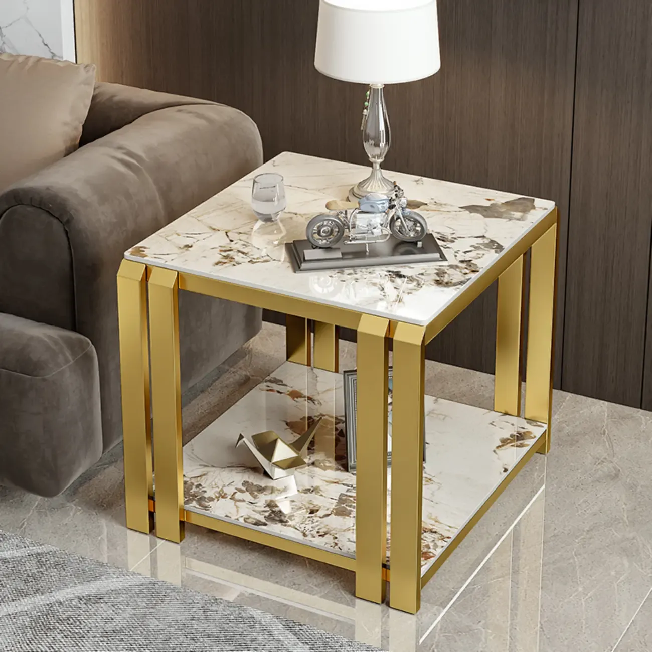 Gold-Black 2-Tier Stone Top Square Metal Frame Side Table