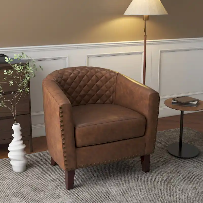 Modern Armchair Faux Leather Nailhead Trim Swivel Accent Chair