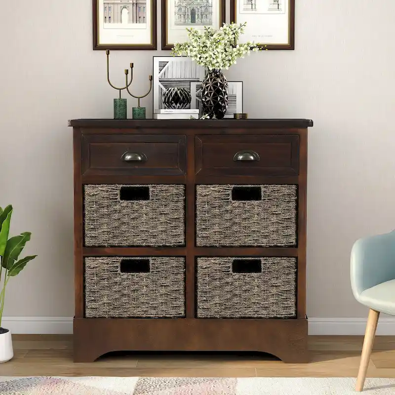 Rustic Storage Cabinet with Two Drawers and Four Classic Rattan Basket for Dining Room/Entryway/Living Room (Antique Navy)