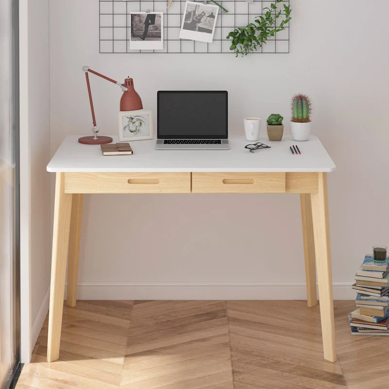 Home Office Desk - 39.4W, MDF & Solid Wood, 2 Drawers, 120 lbs Capacity, Classic Style