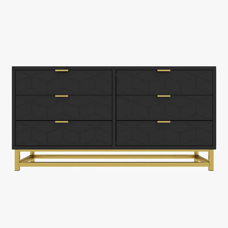 6-Drawer Dresser with Gold Metal Legs - White Wood