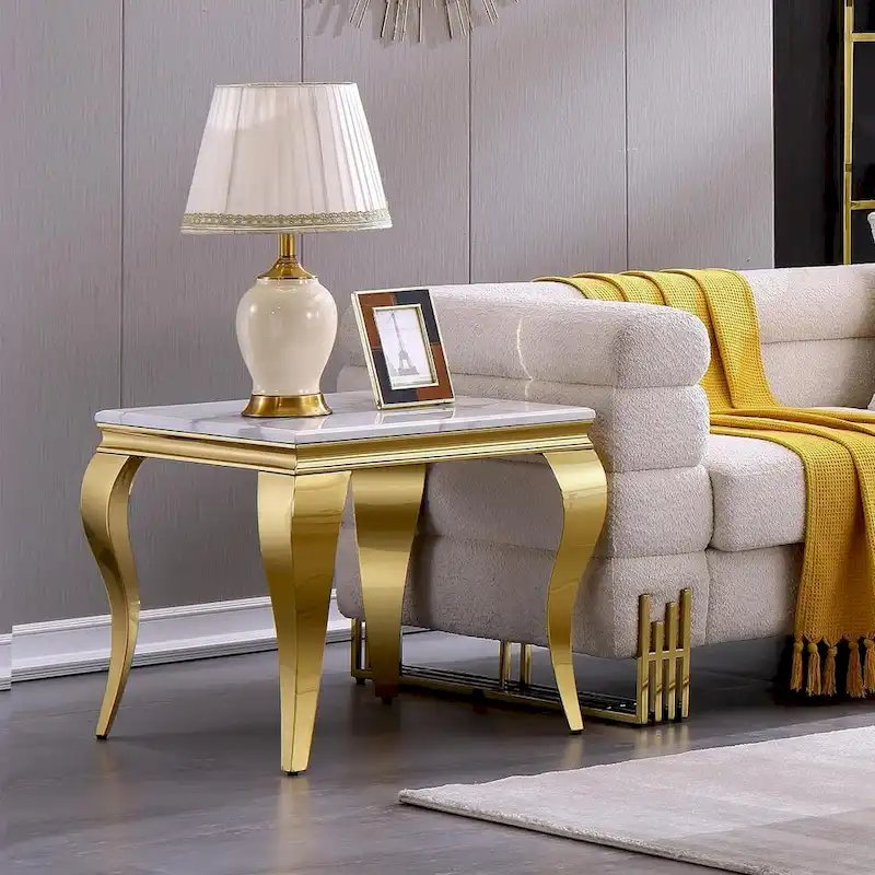 White and Gold End Table Side Table with Polished Gold Cabriole Legs