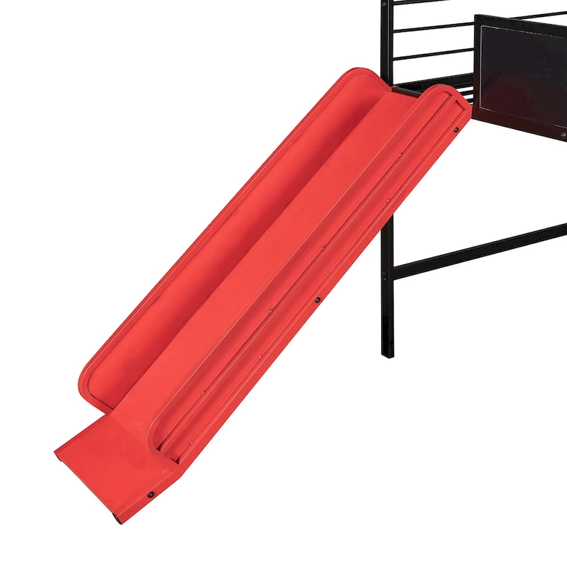 Metal House Bed with Slide, Metal Loft Bed with Two-sided Writable Wooden Board