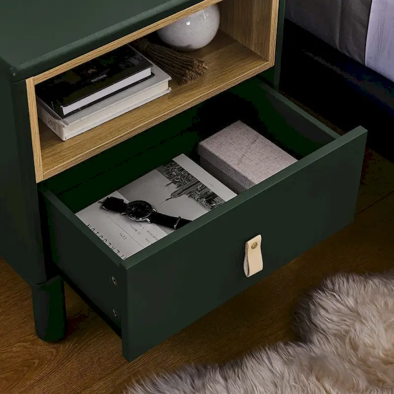 Nightstand - MDF & Solid Wood, 1 Drawer, Open Shelf, Leather Handles, 18.9W x 21.65H, Modern