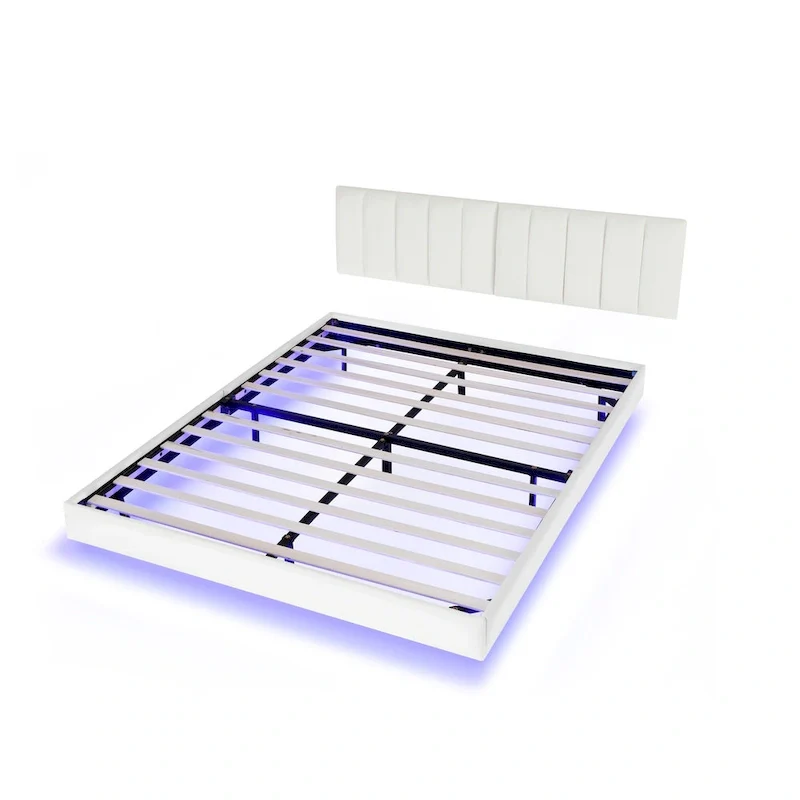 Floating Bed Frame With Led Lights And Wall Mounted Headboard