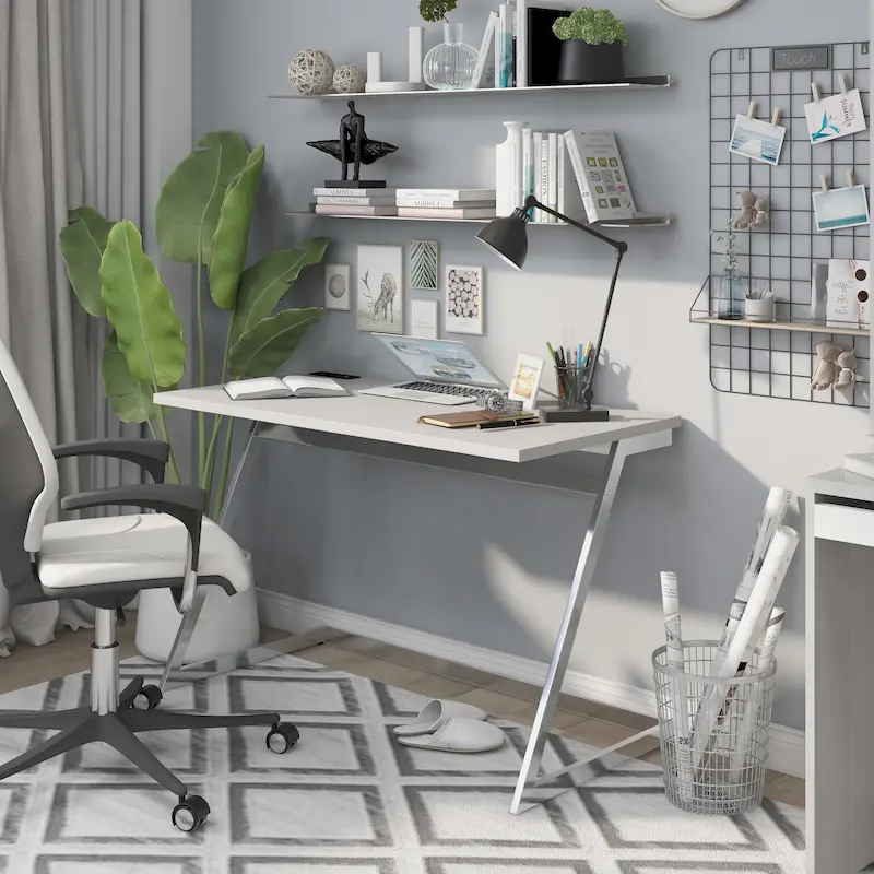 Glam High-Gloss Steel Computer Desk with Power Outlets & USB Ports – White / Black, Single