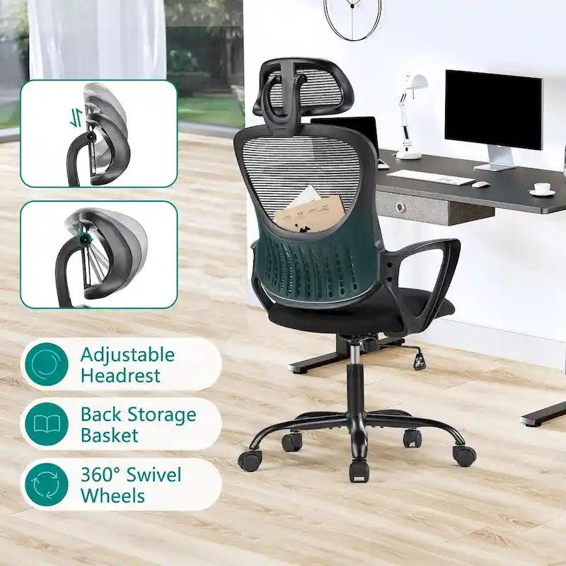 Ergonomic Office Chair, Comfy Computer Desk Chair Mesh High Back with Fixed Arms and Adjustable Headrest, Swivel RollingChair