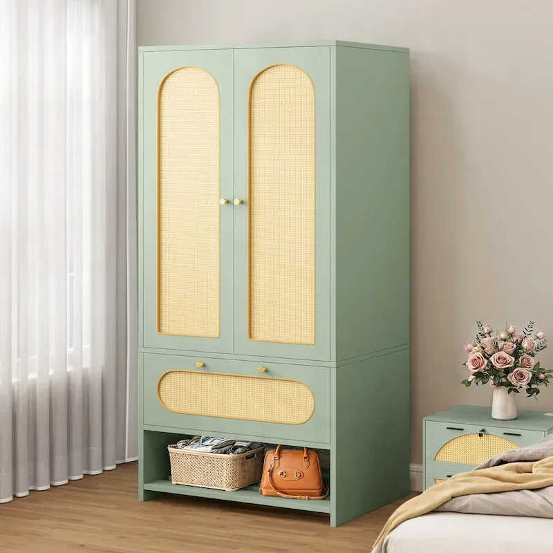 Moasis 70 Rattan Armoire Bedroom Wardrobe with Drawer & Hanging Rod
