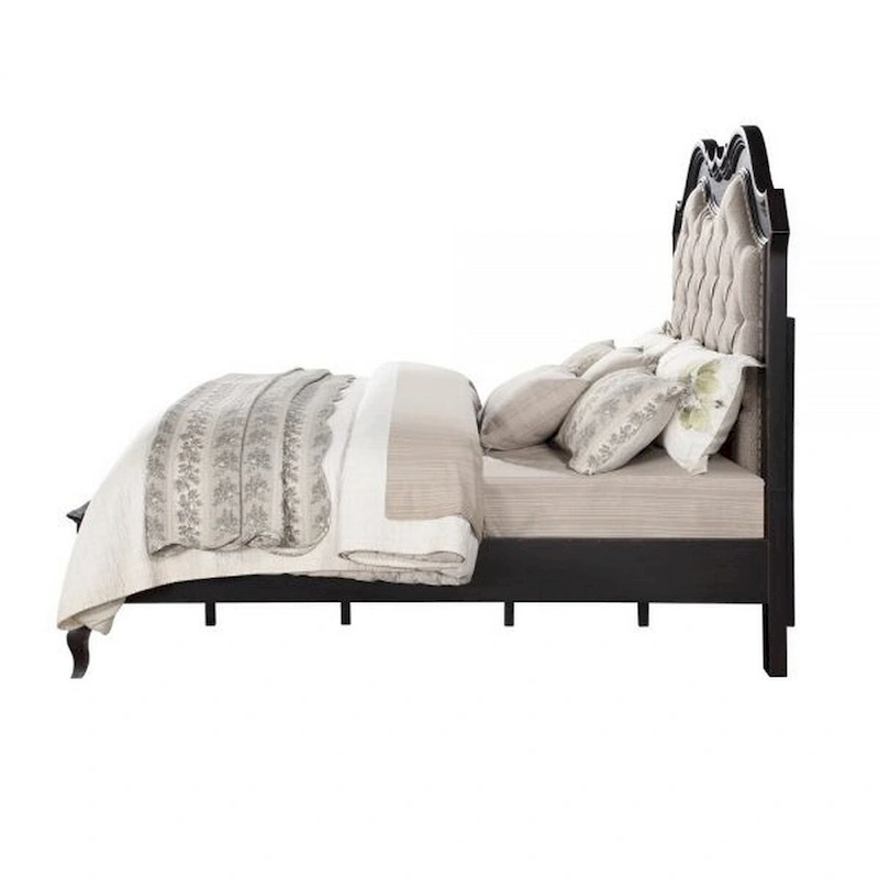 Chery King Size Bed with Button Tufted Headboard, Beige Upholstery, Black