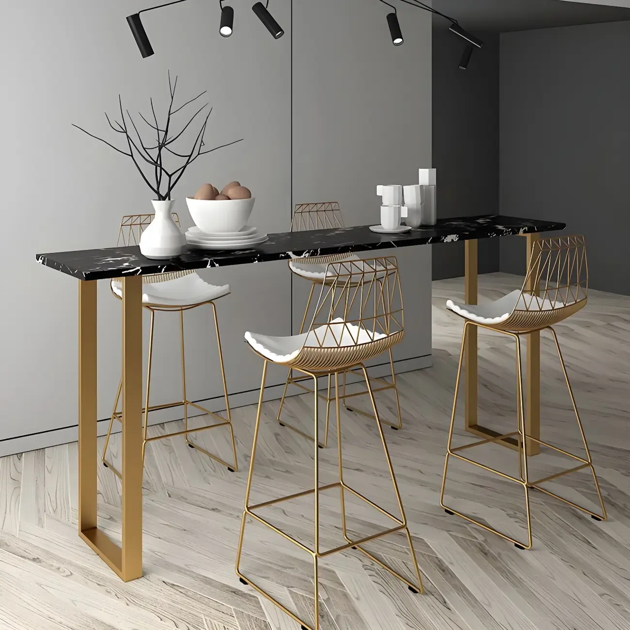 Black Rectangle Marble Tall Bar Table Gold Base