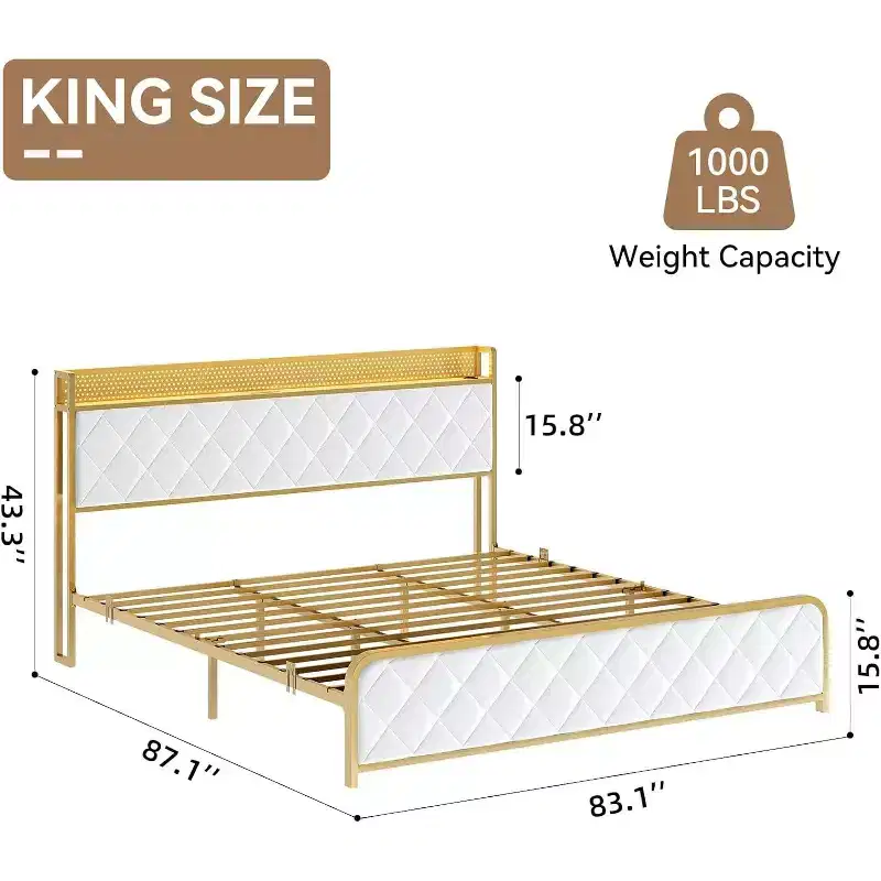 Beige Upholstered Platform Bed Frame - King, 1-Person