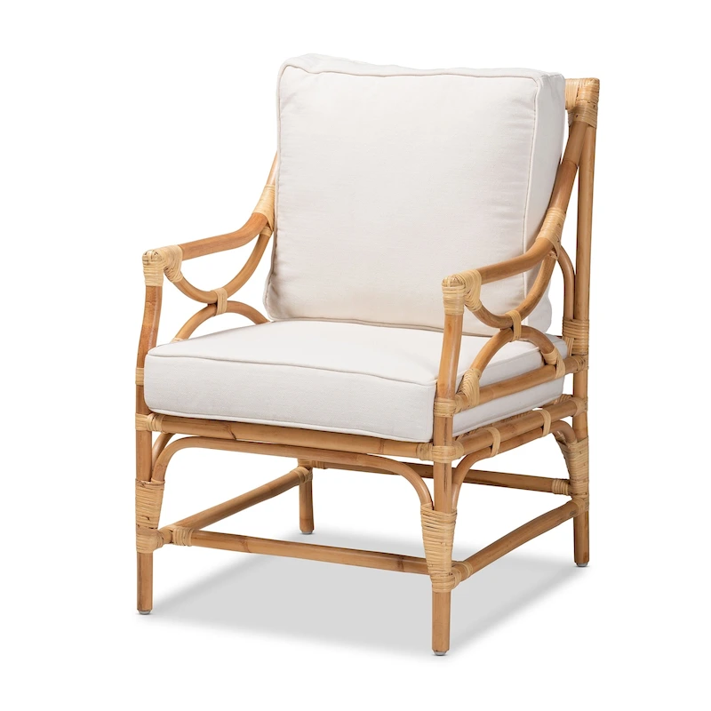 Brandon Bohemian styled Upholstered Rattan Armchair-White/Natural