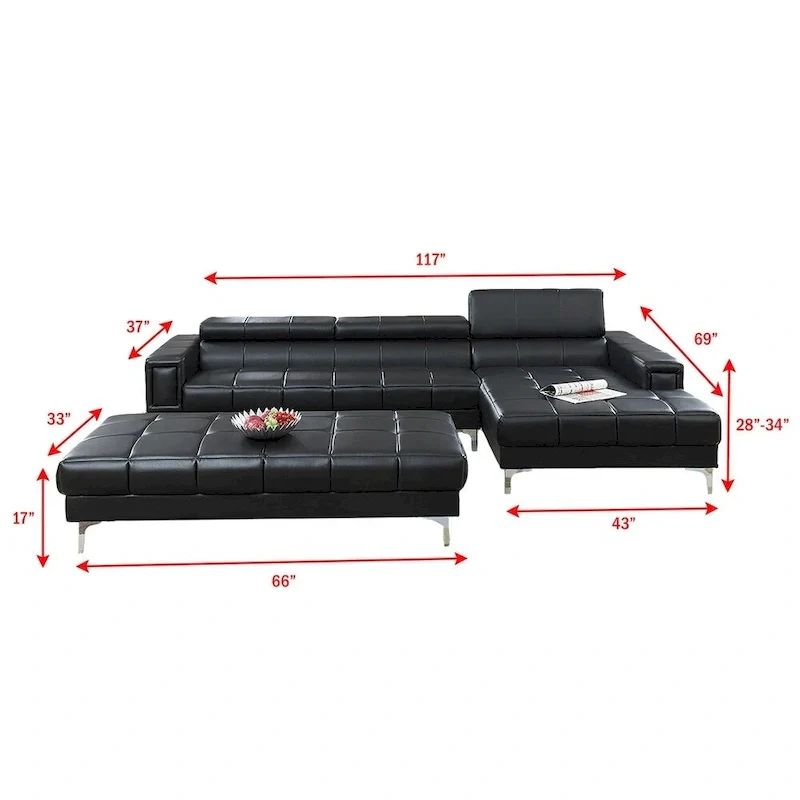 Bobkona Hayden Bonded Leather 2-Pcs Sectional Sofa Loveseat with Adjustable Back. Ottoman included