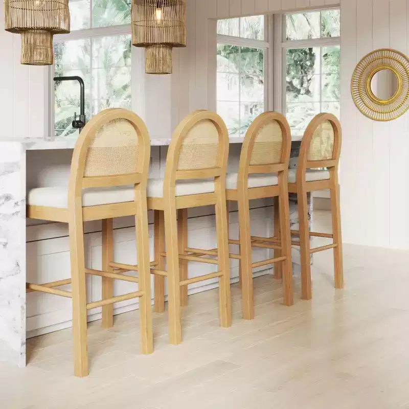 Nathan James Bailey Curved Back Counter Height Barstool Natural Wood Oak Rattan Cream Boucle: Upholstered, 300lb Capacity