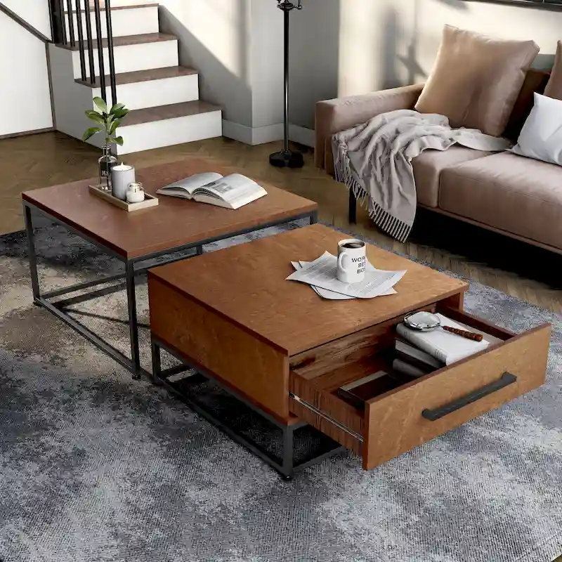 Rustic Brown Square 2-Piece Solid Wood Coffee Nesting Tables with 1-Drawer