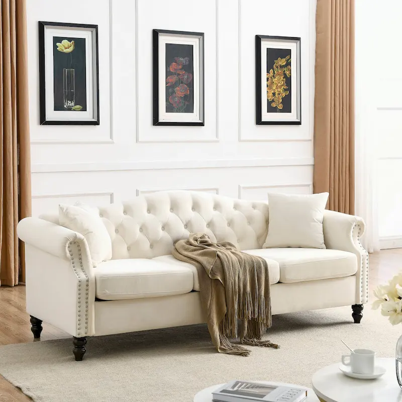 3 Seater Sofa Tufted Couch with Rolled Arms and Nailhead