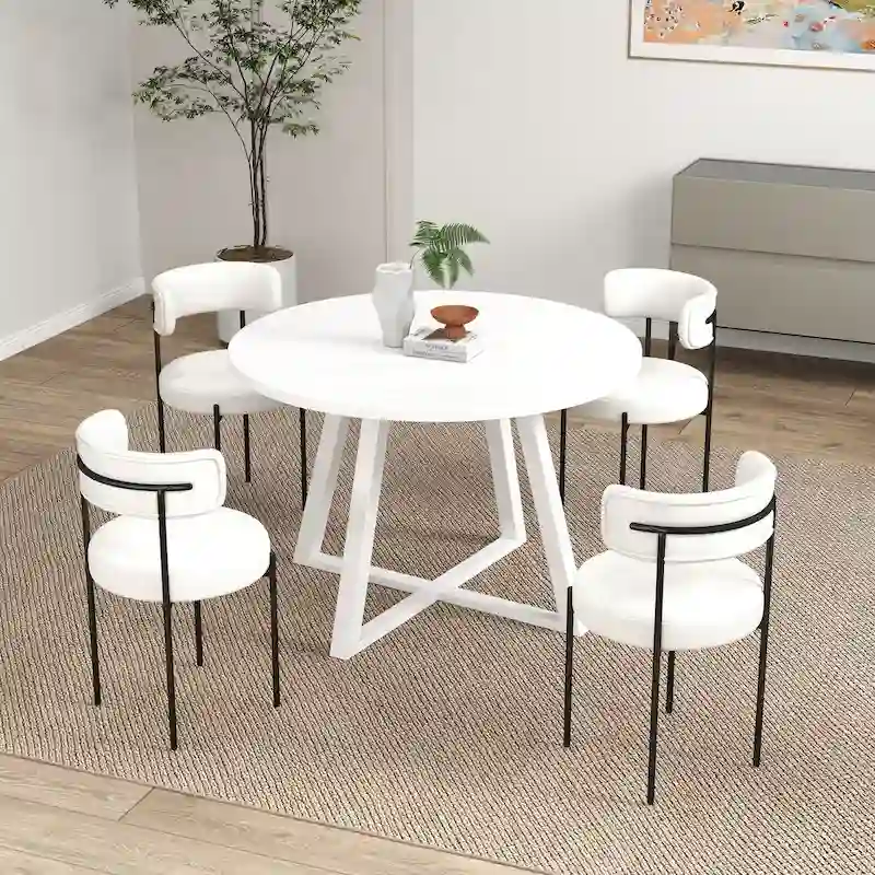 5-Piece Round Dining Set, Trestle Dining Table with 4 Boucle Chairs