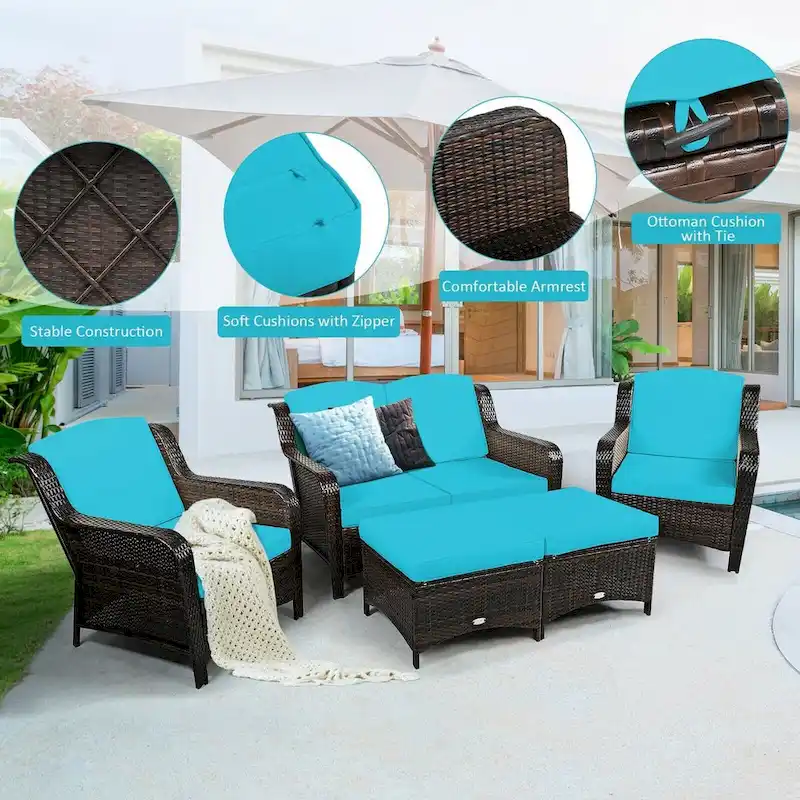 5 Pieces Patio Rattan Sofa Set with Cushion and Ottoman - 51 x 33.5 x 33 (L x W x H)