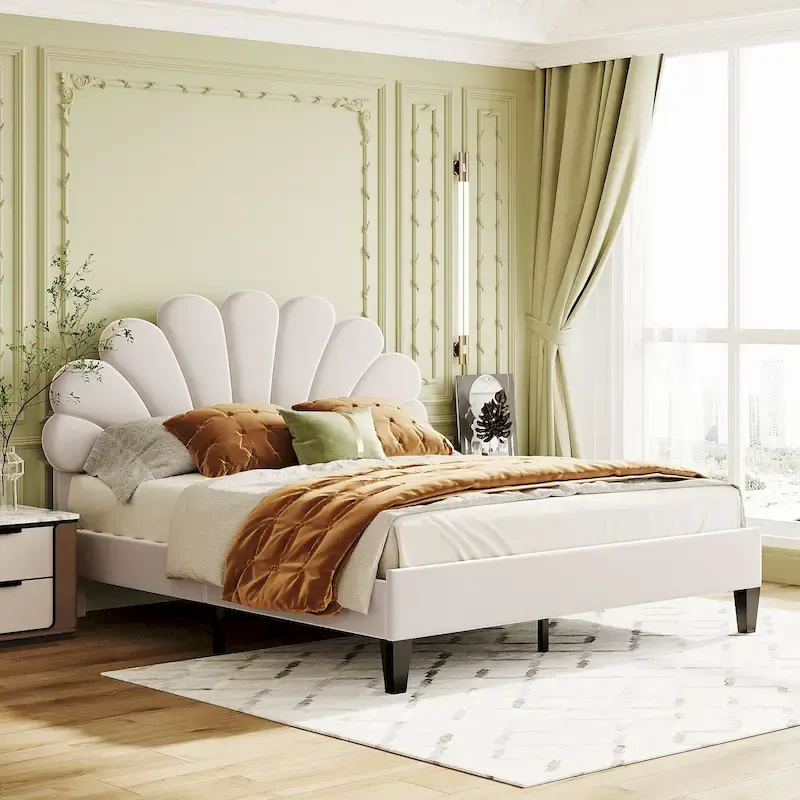 Tufted Shell-shape Velvet Upholstered Platform Bed