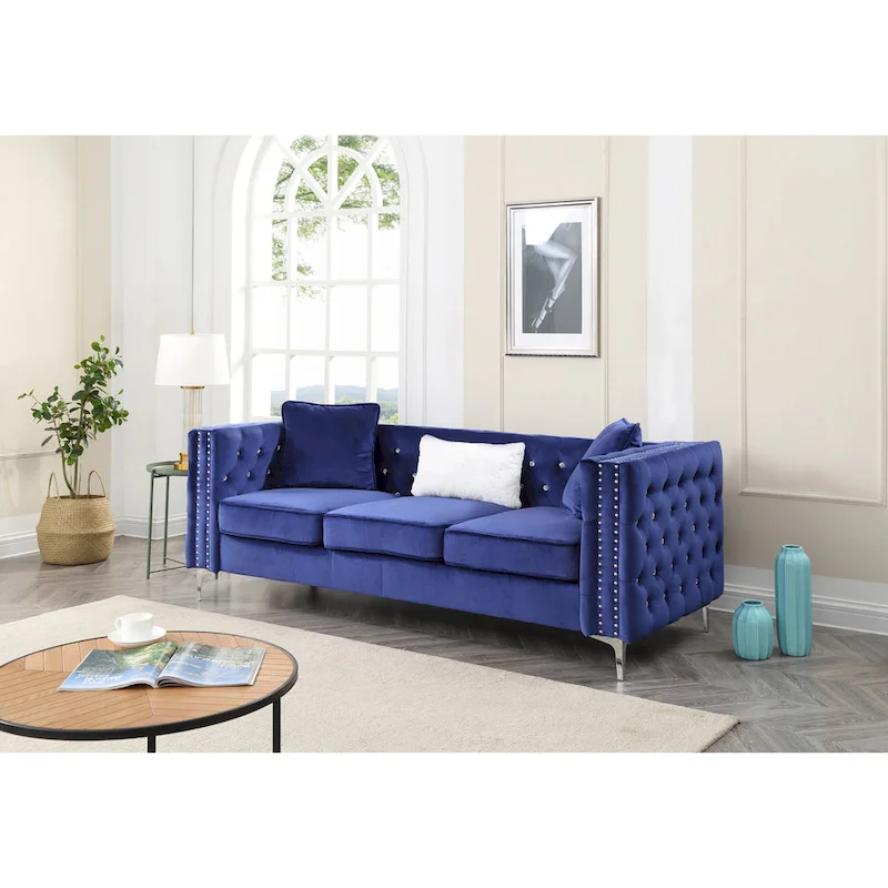Tufted Velvet Sofa - Blue, 3-Seater, Track Arms, 2 Throw Pillows, 86W x 30H, Contemporary