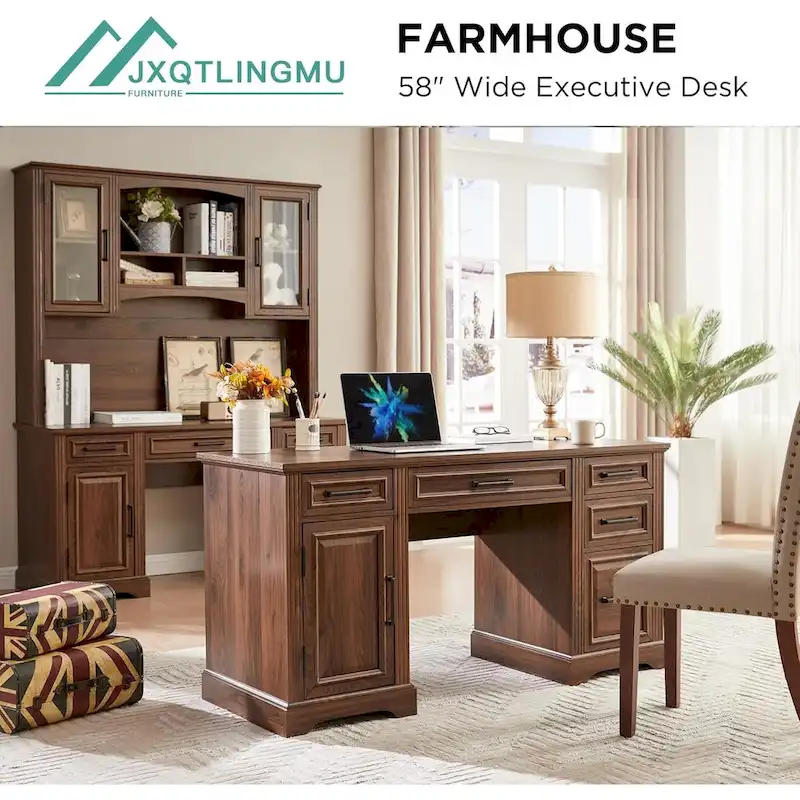 58  Large Computer Desk with Drawers, Embossed Texture Office Desk