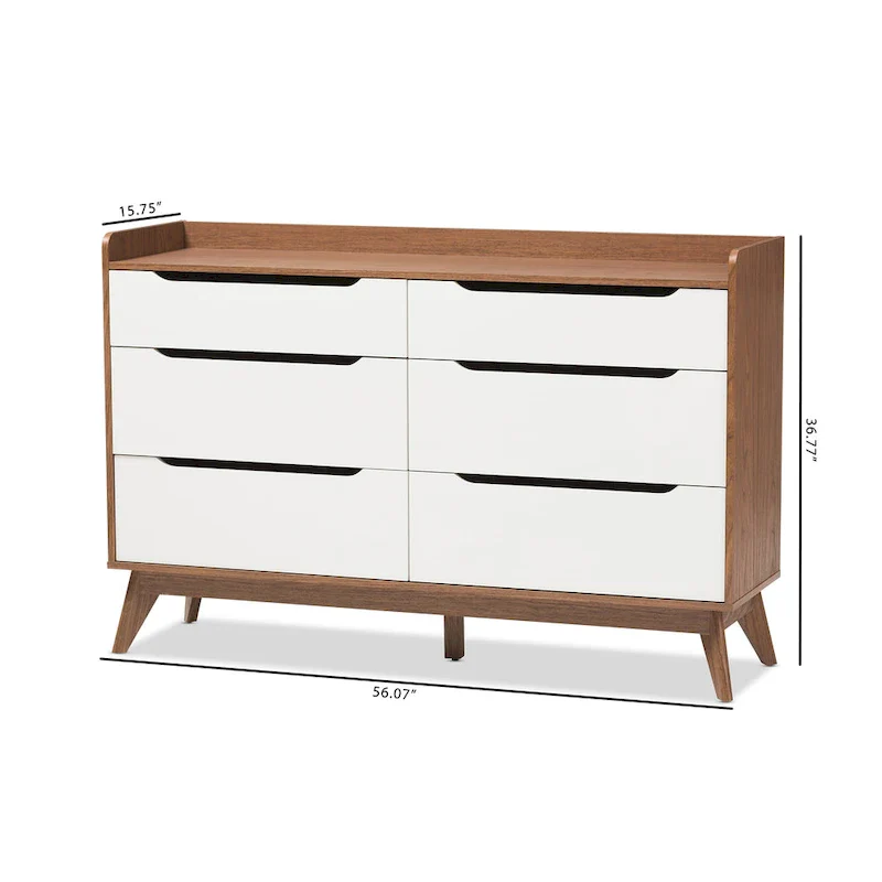 6-Drawer Mid-Century Dresser – White and Walnut Finish