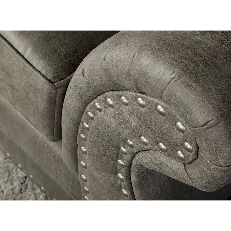 Roundhill Furniture Leinster Faux Leather Upholstered Nailhead Sofa and Loveseat Set in Stone Gray