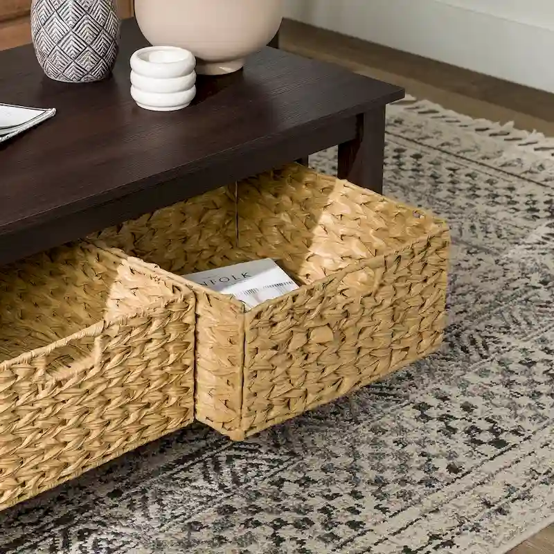 40-Inch Mission Style Coffee Table with 2 Wicker Storage Baskets, MDF Laminate, Wood Grain Design
