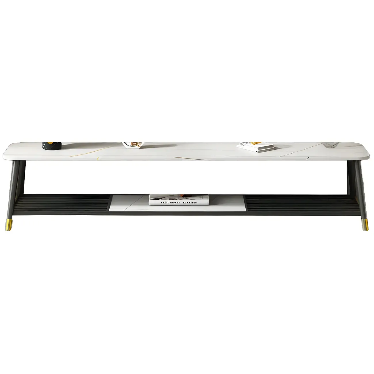 Modern White Stone TV Stand with Open Shelving