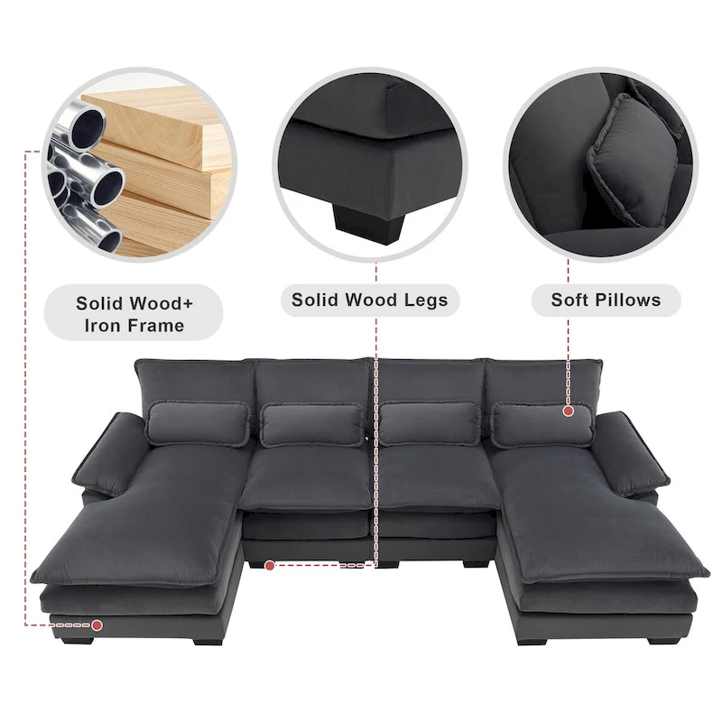6-seat Upholstered Symmetrical Sofa Furniture U-shaped Sectional Sofa with Waist Pillows
