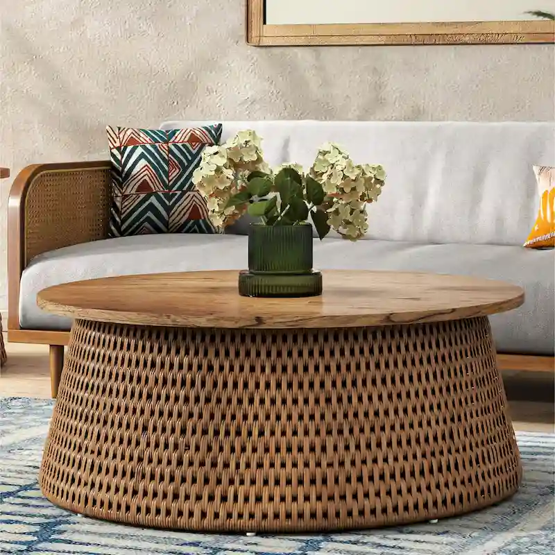 Kamari Rattan Coffee Table & Side/End Table w/ Wood Top