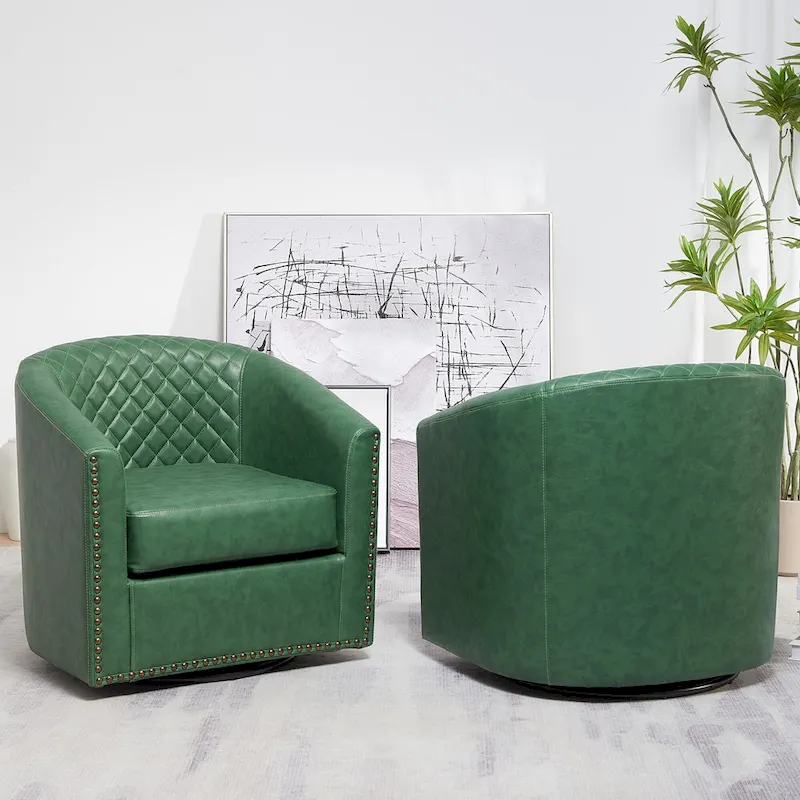 KINWELL 29 Wide Tufted PU Leather Swivel Barrel Chair (Set of 2)