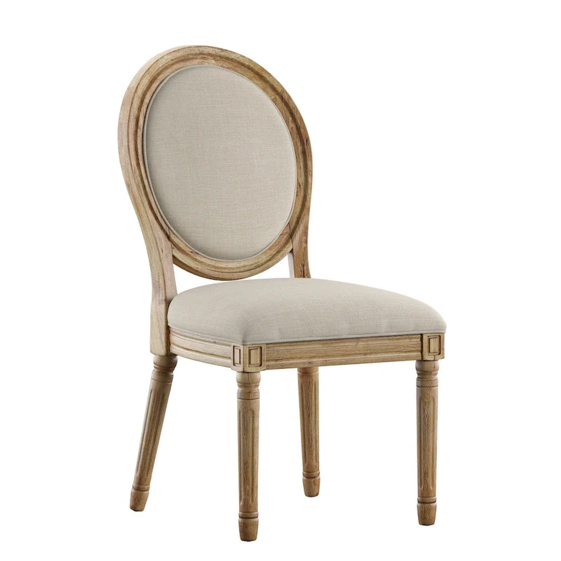 Round Linen and Wood Dining Chairs Set of 2, Artisan Style Upholstered Side Chairs