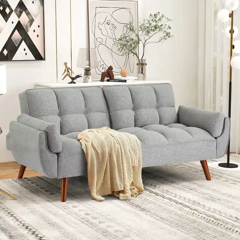 Futon Sofa Bed, Convertible Folding Futon Couch Recliner Lounge For Living Room With 2 Pillow/Armrest