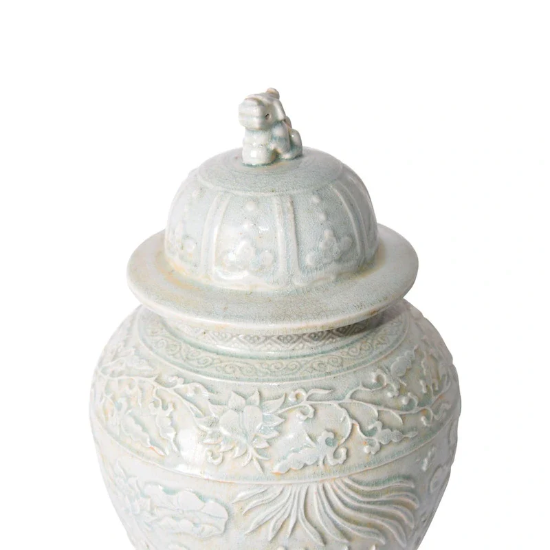 Sage Green Embossed Fish Temple Jar - 12x12x21.5