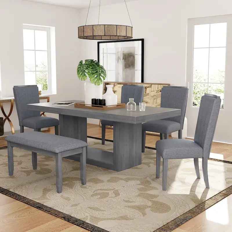 6-Piece 78inch Extendable Pedestal Dining Table Set with 18inch Removable Leaf and Dining Bench, 4 Upholstered Dining Chairs
