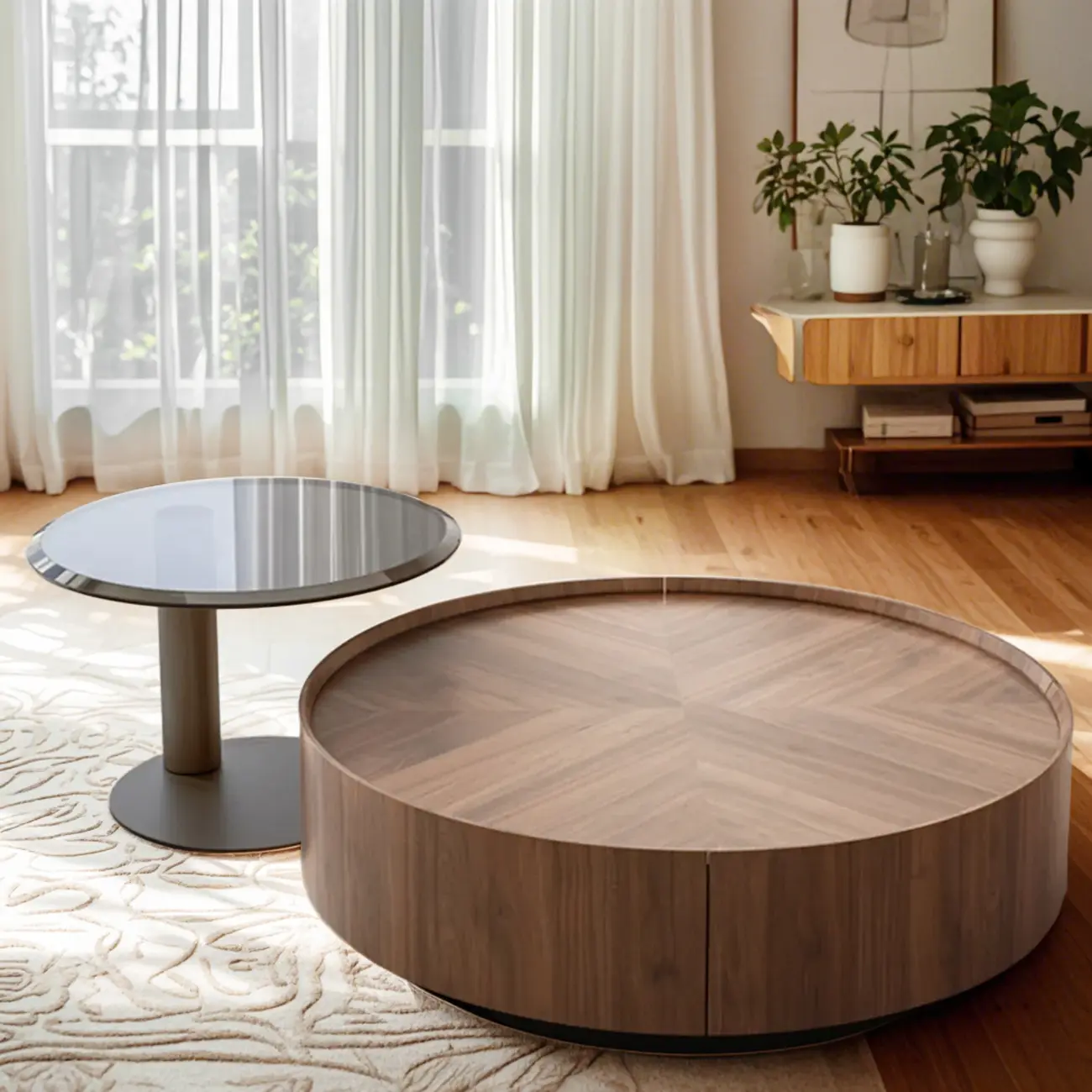 Modern Round Wood Coffee Table with Steel Base