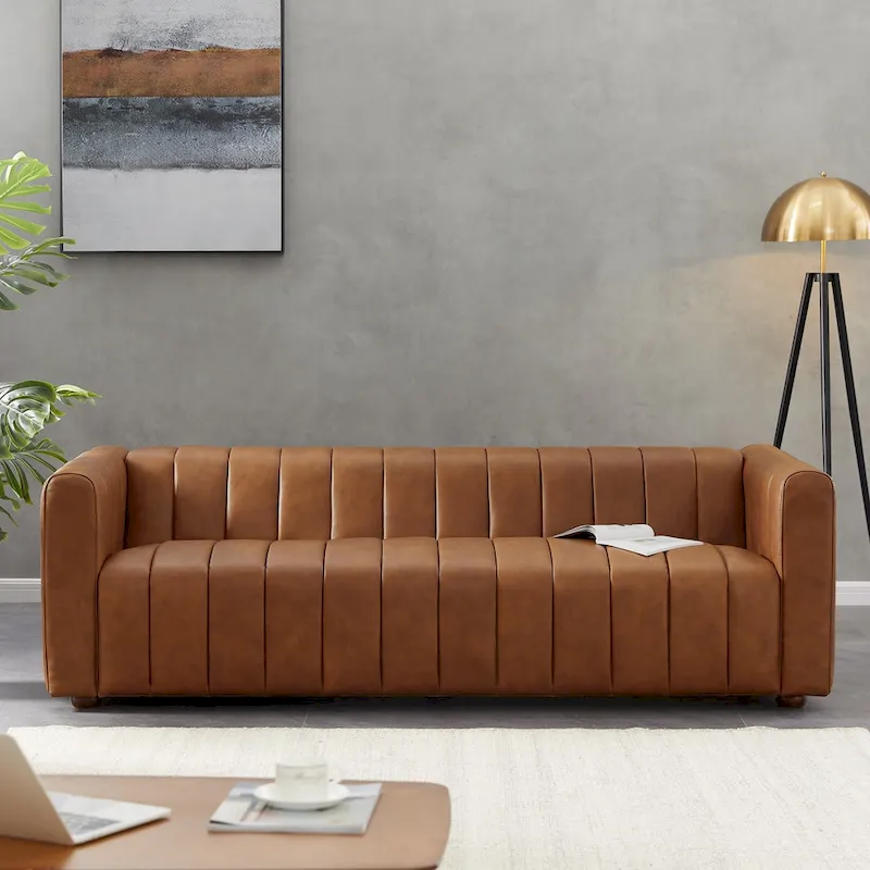 Clarence Mid Century Full Grain Leather Designer Couch in Tan Color