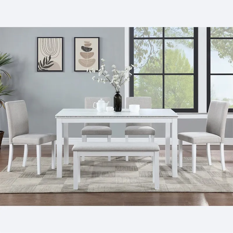Wooden Dining Rectangular Table with Bench and 4 Chairs